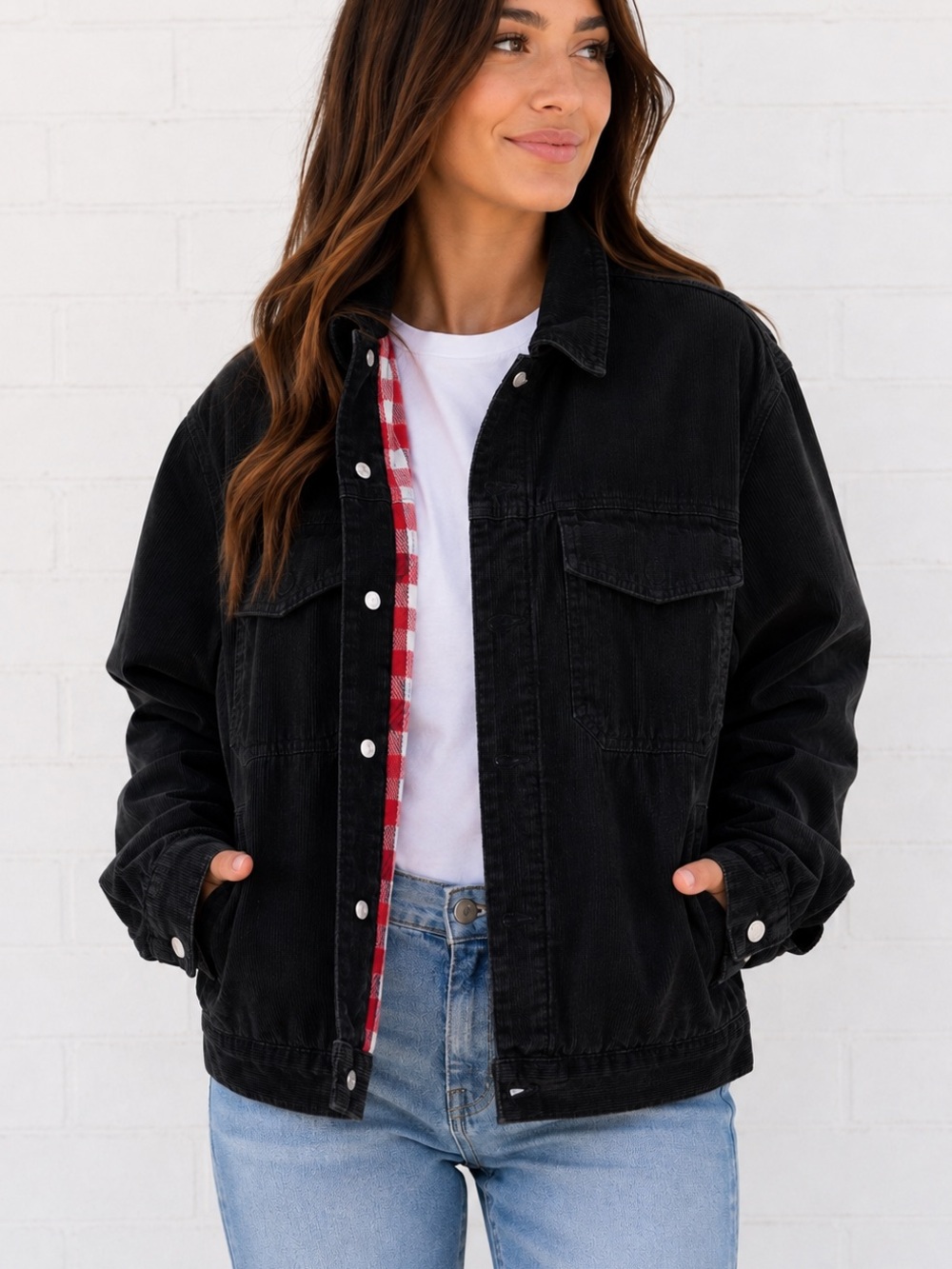 VINTAGE OLD NAVY Black Corduroy Trucker Jacket Red Plaid Flannel L - XL Unisex